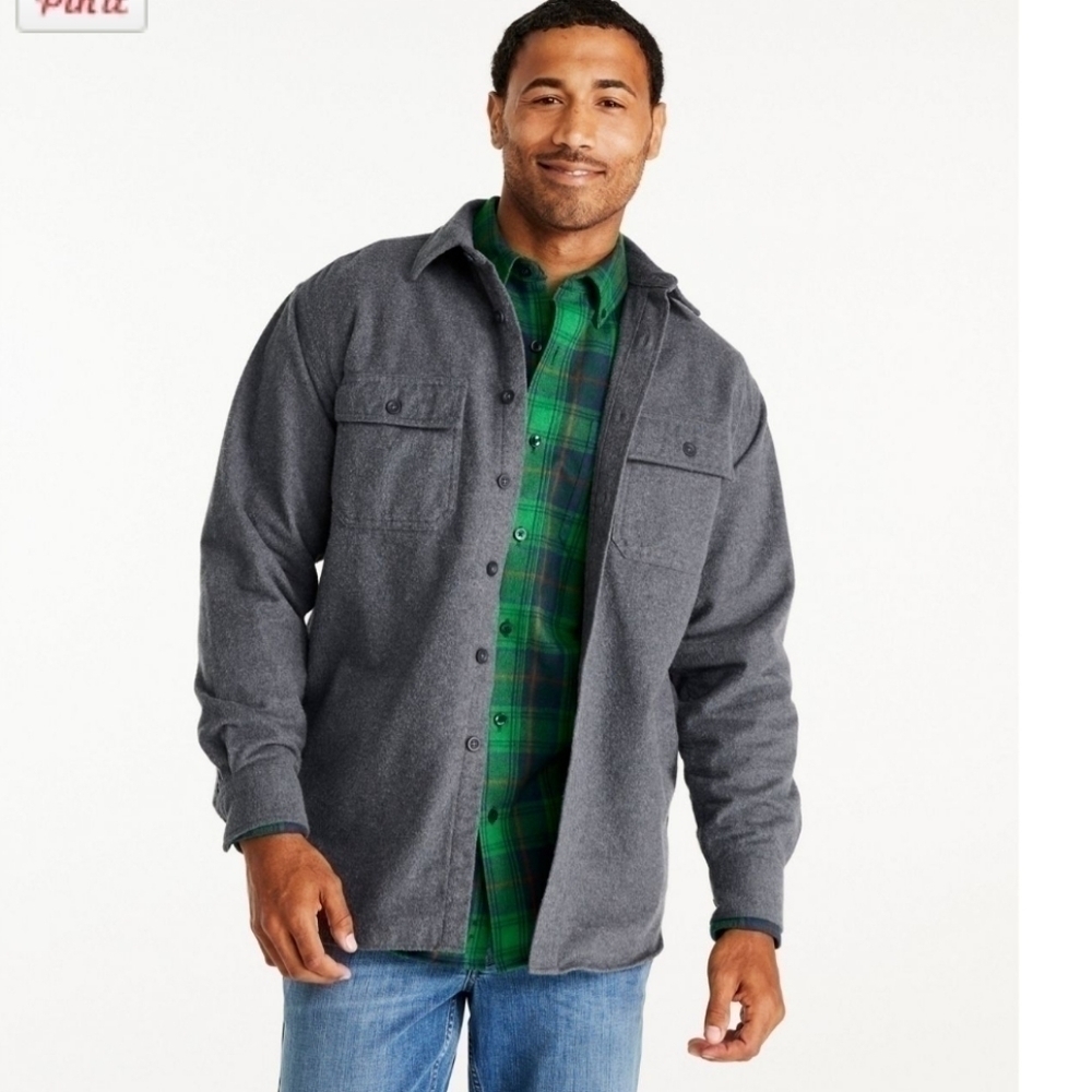 L.L.Bean Chamois Heavy Weight Thick Gray Shacket Tall Flannel Large Jacket Shirt